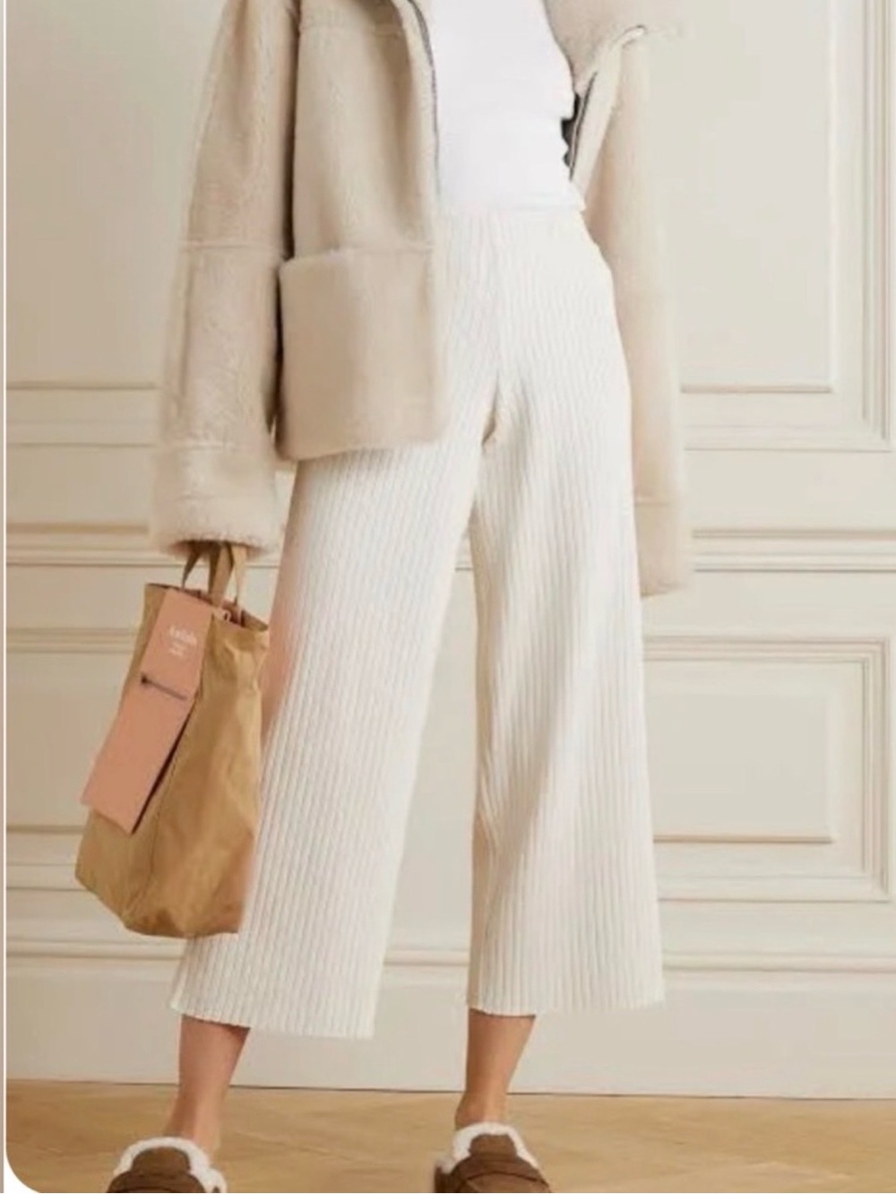 Vince Cream Ribbed Wide Leg Crop Pants S